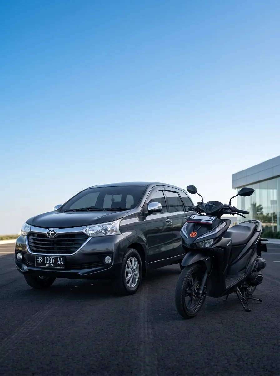 Toyota Avanza abu-abu dan Honda Vario hitam terparkir berdampingan di bawah langit cerah